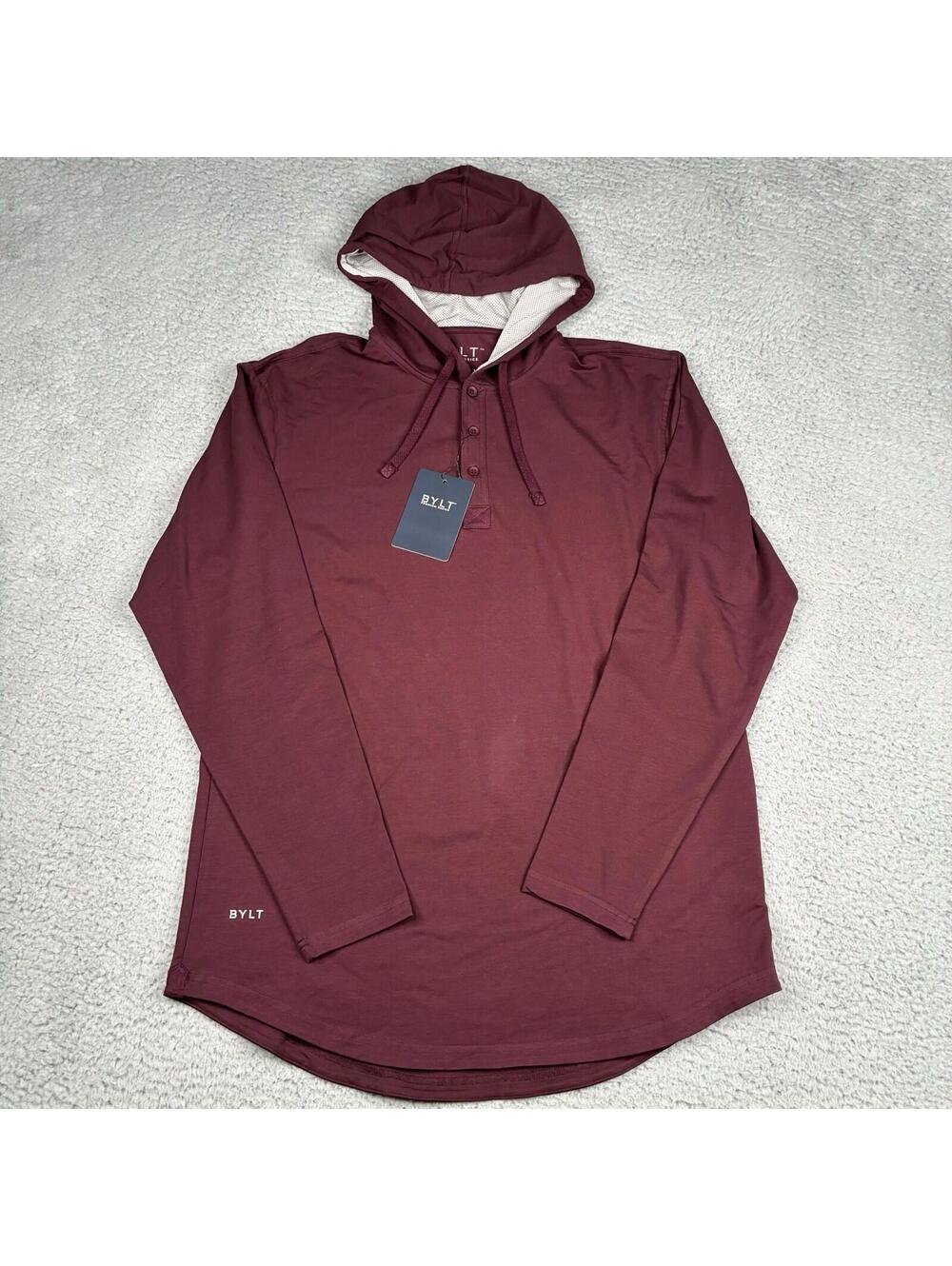 BYLT Drop Cut Hooded Henley Lux Men's Large Burgundy Long Sleeve NWT